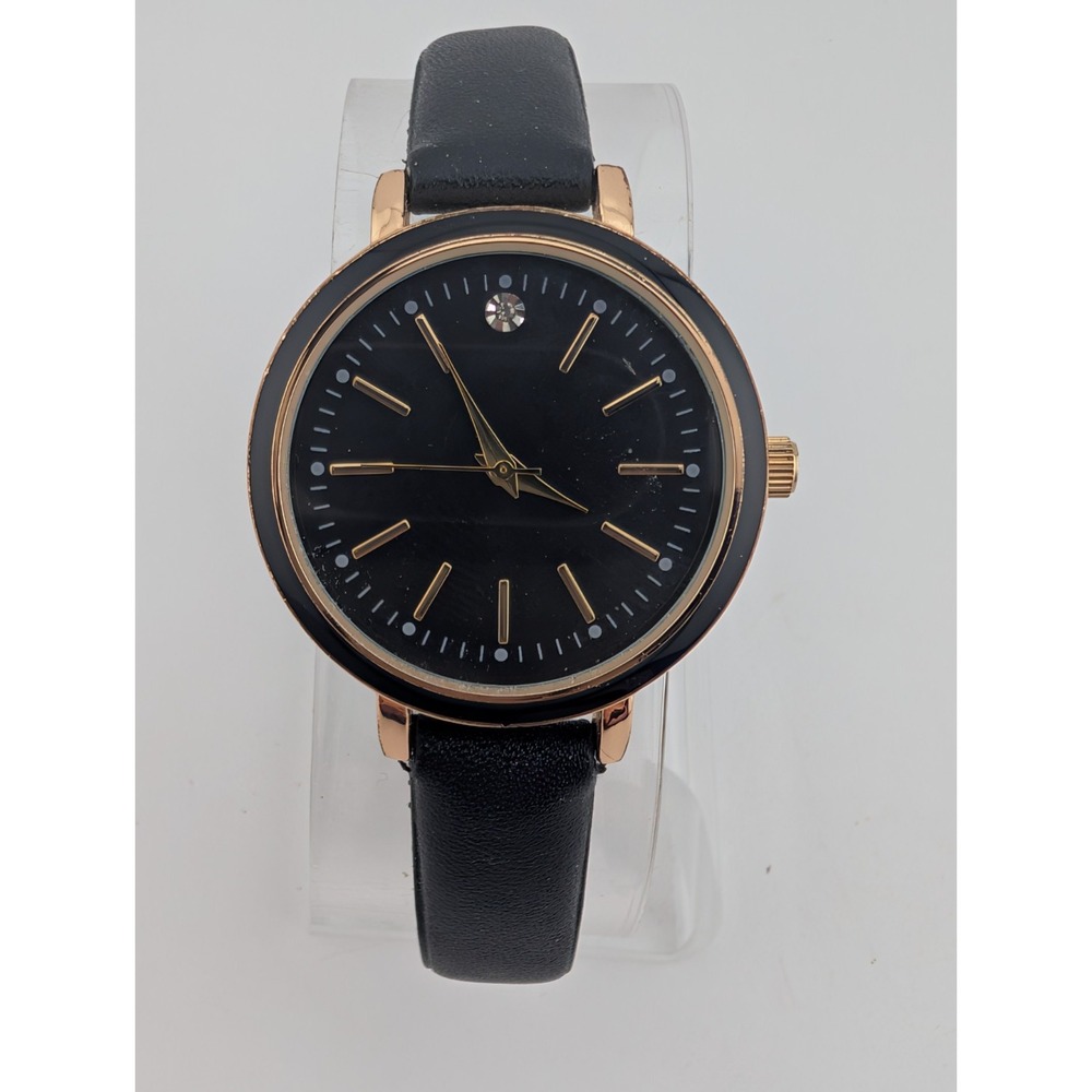 Time and Tru Women's Watch 33mm Gold Case Black Faux Leather Band- New Battery